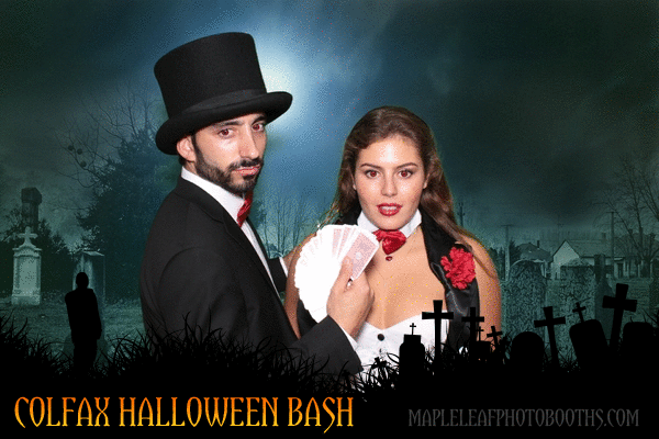 a creepy Halloween gif with a zombie animated overlay with two Hollywood Hills party goers by Maple Leaf Photo Booth Rentals in NYC